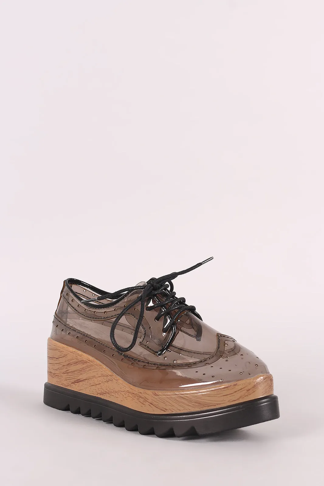 Qupid Perforated Transparent Lug Sole Lace Up Oxford Wedge