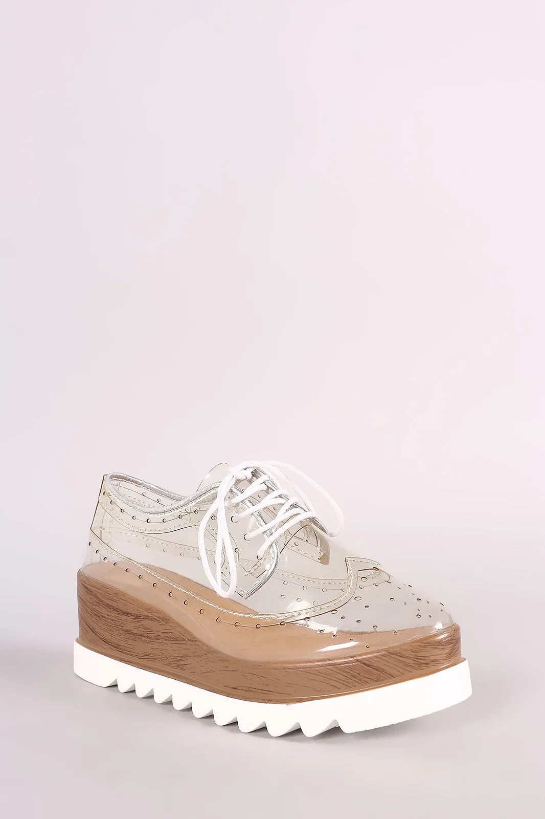 Qupid Perforated Transparent Lug Sole Lace Up Oxford Wedge