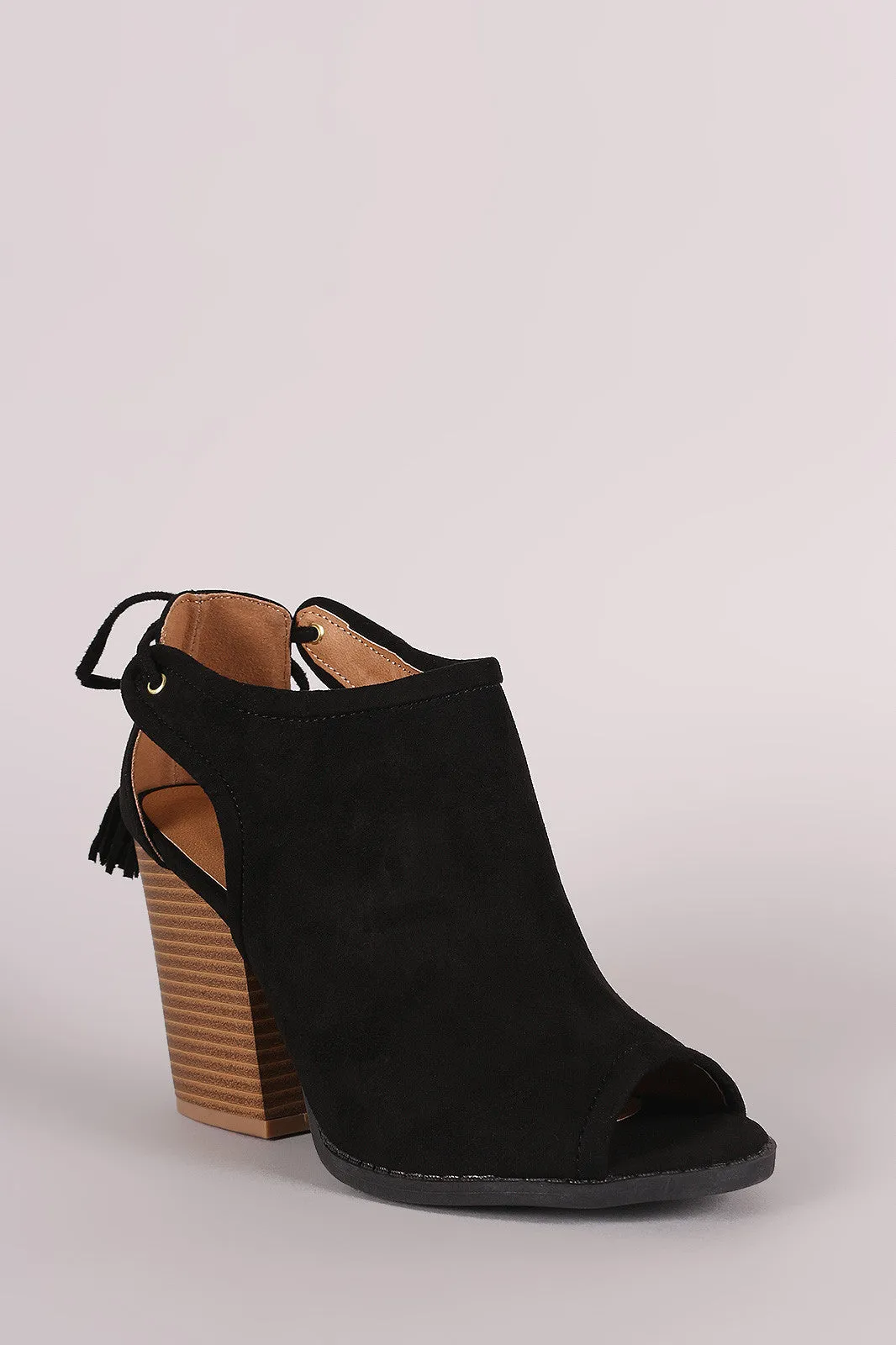 Qupid Suede Cutout Tassel Lace Tie Block Heeled Booties