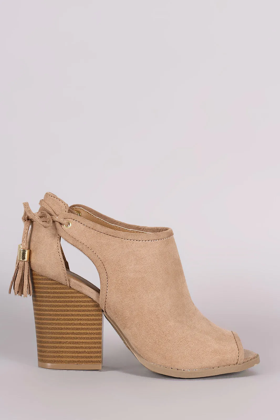 Qupid Suede Cutout Tassel Lace Tie Block Heeled Booties