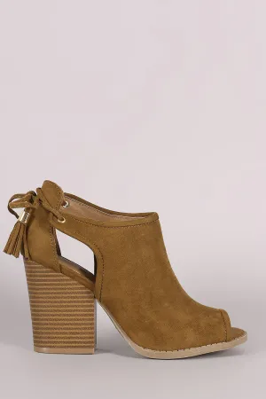 Qupid Suede Cutout Tassel Lace Tie Block Heeled Booties