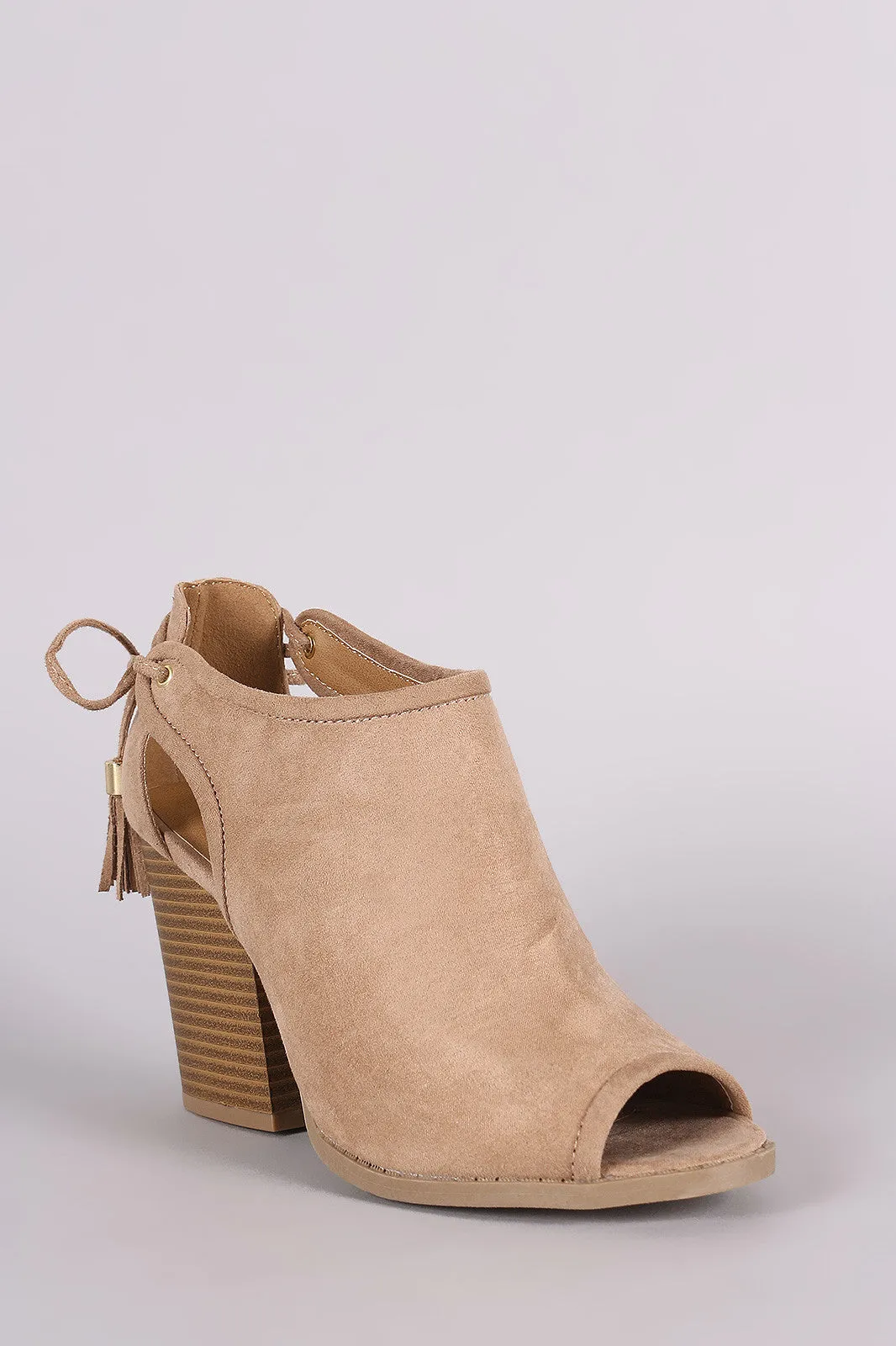 Qupid Suede Cutout Tassel Lace Tie Block Heeled Booties