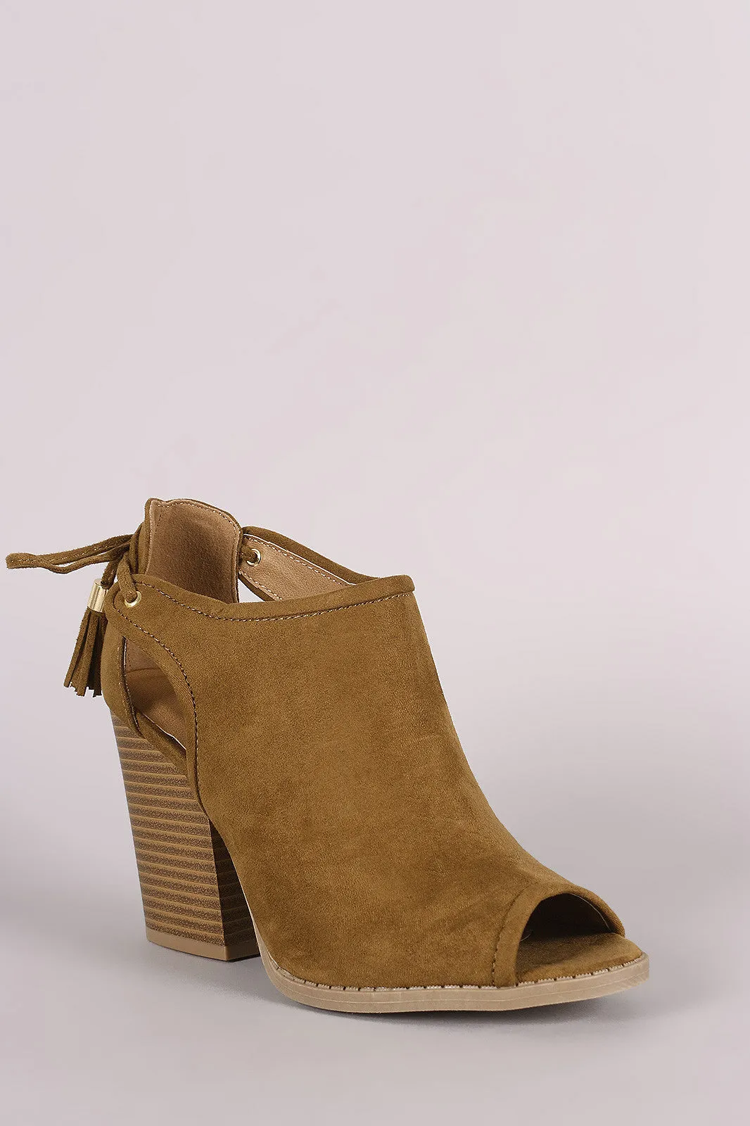 Qupid Suede Cutout Tassel Lace Tie Block Heeled Booties