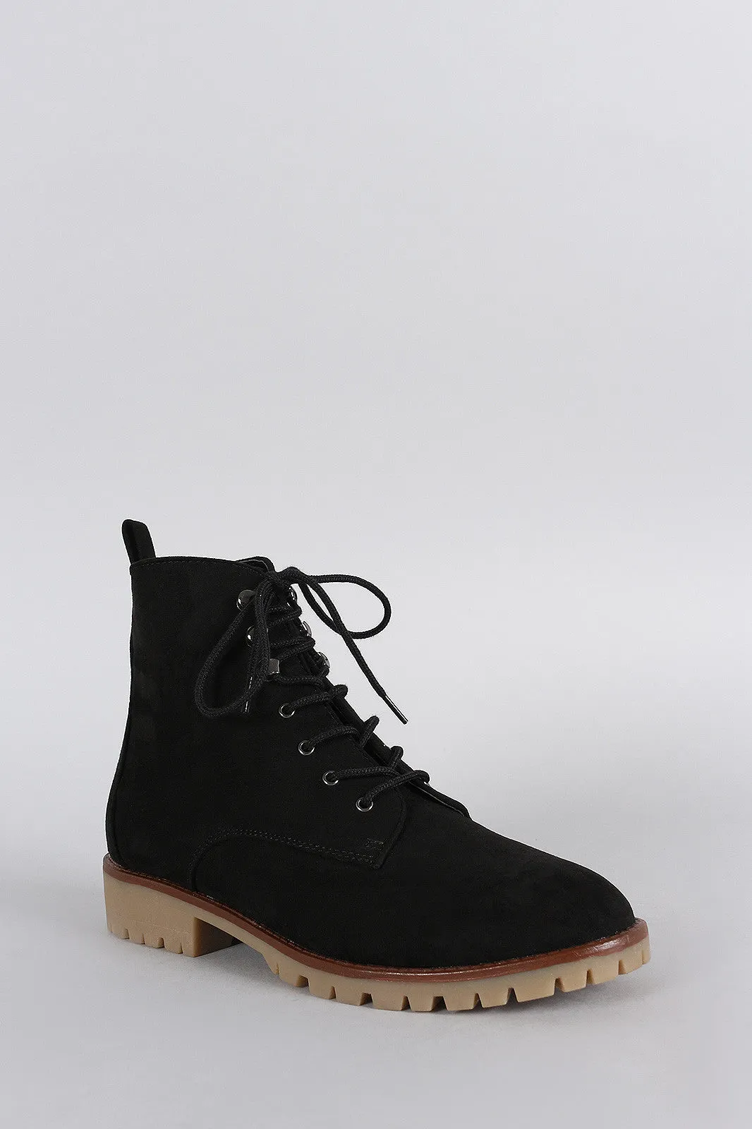 Qupid Suede Lug Sole Round Toe Lace Up Combat Ankle Boots