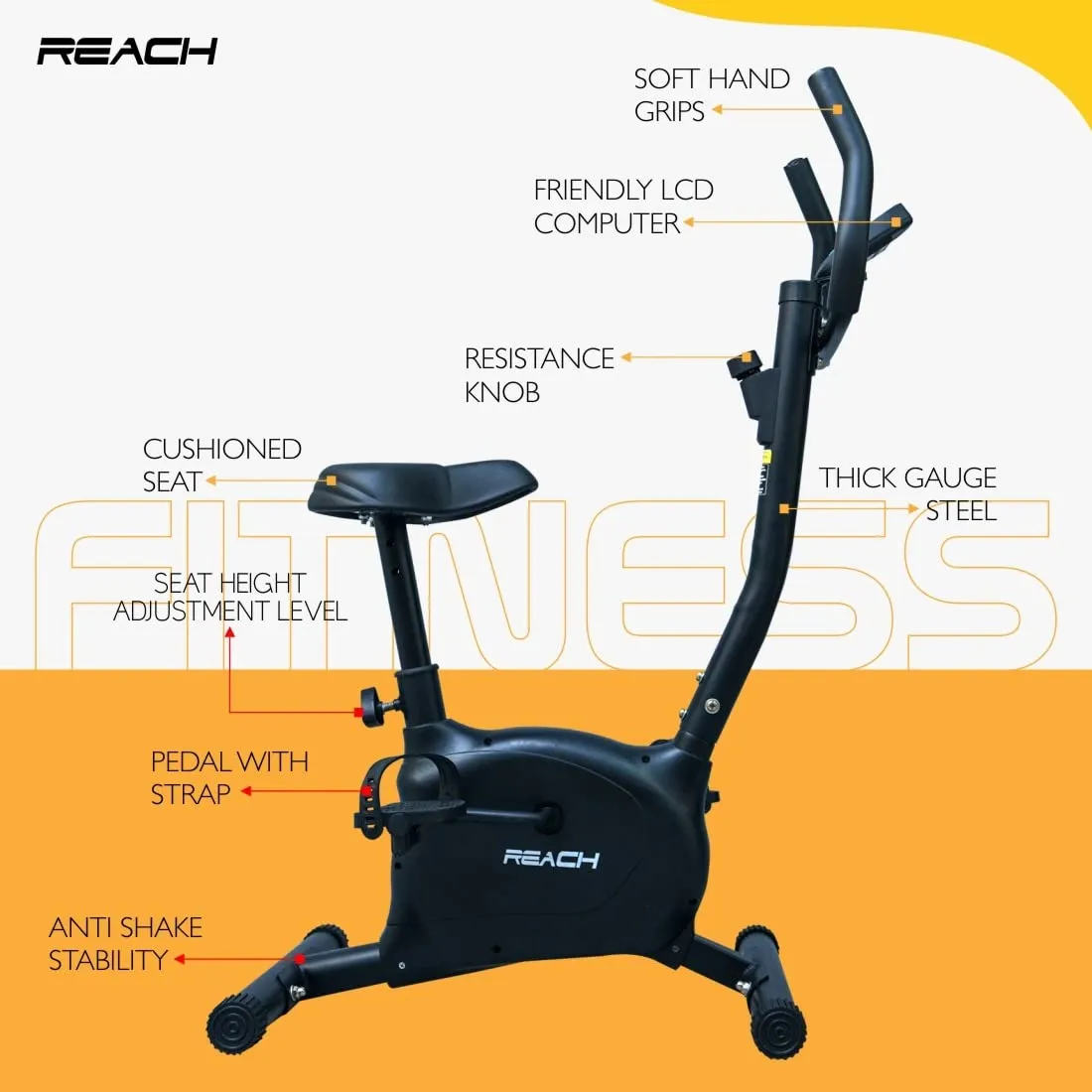 Reach B-101 Stationary Upright Bike for Home Gym | Exercise Cycle with Adjustable Resistance and Height Adjusting Cushioned Seat | For Weight Loss & Indoor Cardio Fitness Full Body Workout for both Men & Women