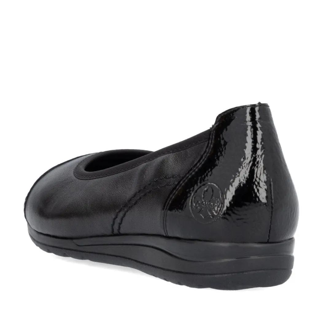 Rieker L9351-00 Black Leather Low Wedge Ballet Pumps