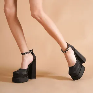 Shiny Crystal Satin Square Toe Chunky Platform Pumps - Black