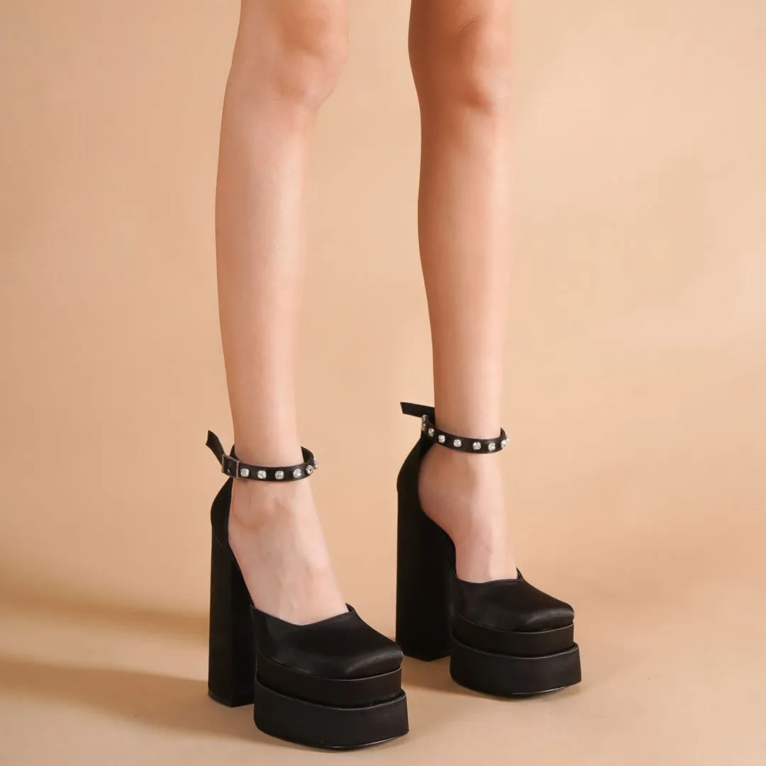 Shiny Crystal Satin Square Toe Chunky Platform Pumps - Black