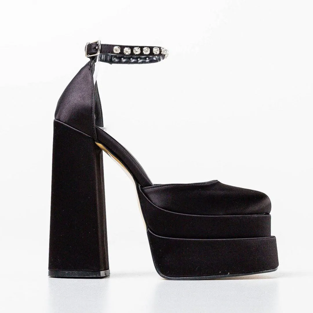 Shiny Crystal Satin Square Toe Chunky Platform Pumps - Black