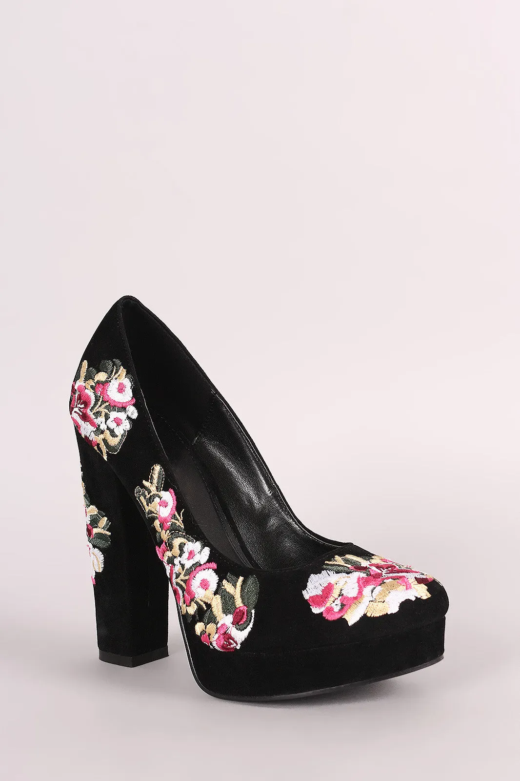 Shoe Republic LA Embroidered Floral Round Toe Platform Pump