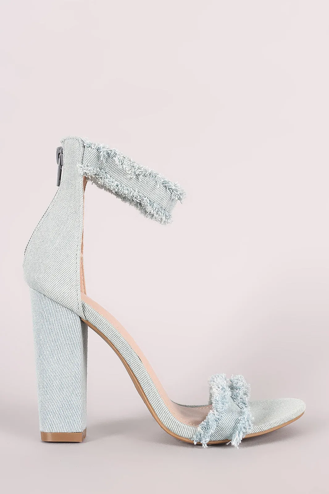 Shoe Republic LA Frayed Denim Ankle Strap Chunky Heel