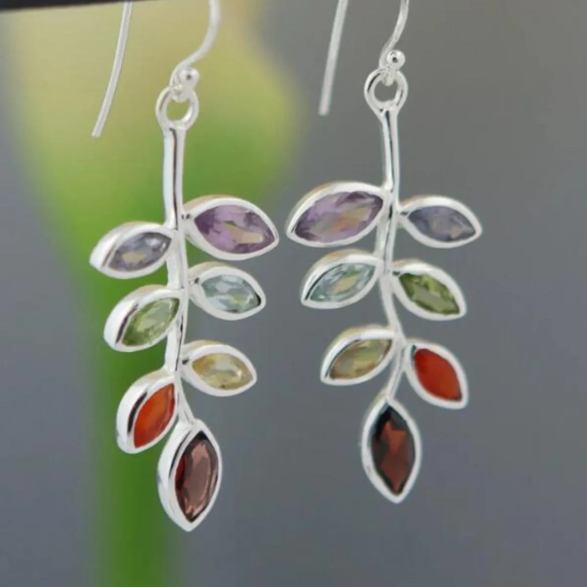 Silver Tone Chakra Leaf Earrings