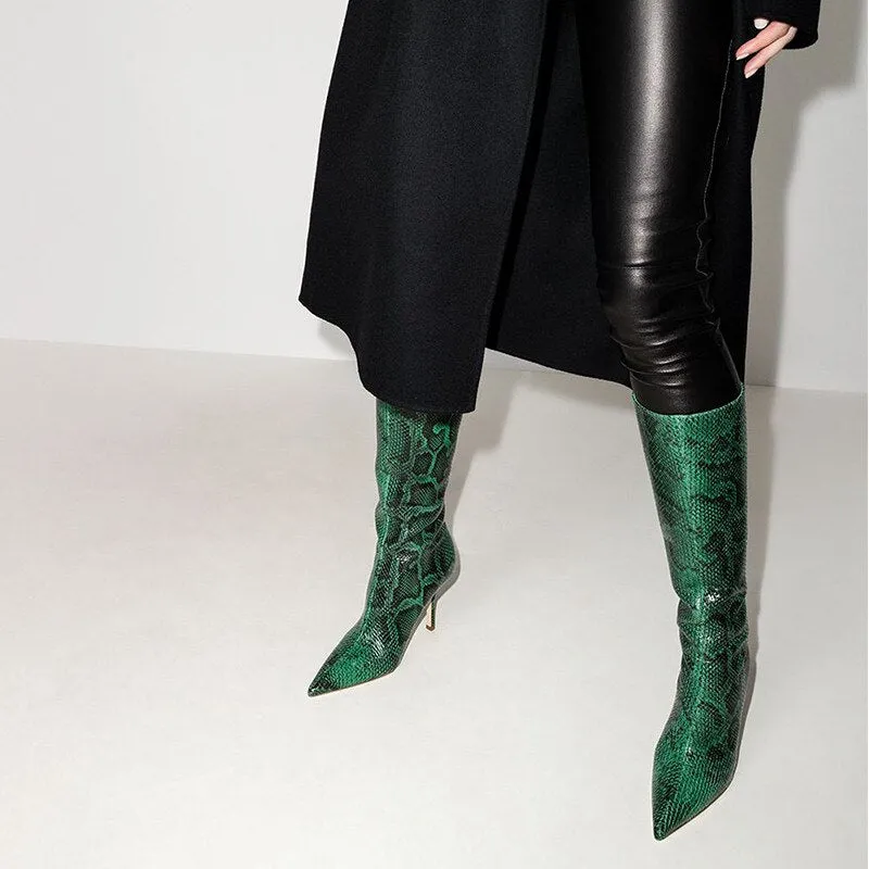 Snake Print Stiletto Knee High Boots