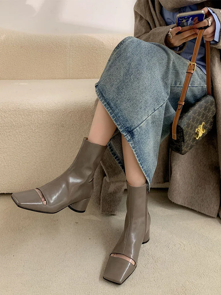 Solid Color Women's Chunky Heel Square Toe PU Leather Boho Boots