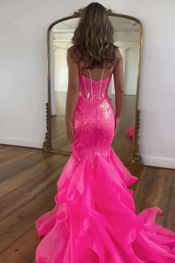 Sparkly Mermaid Spaghetti Straps Hot Pink Prom Dress PSK568