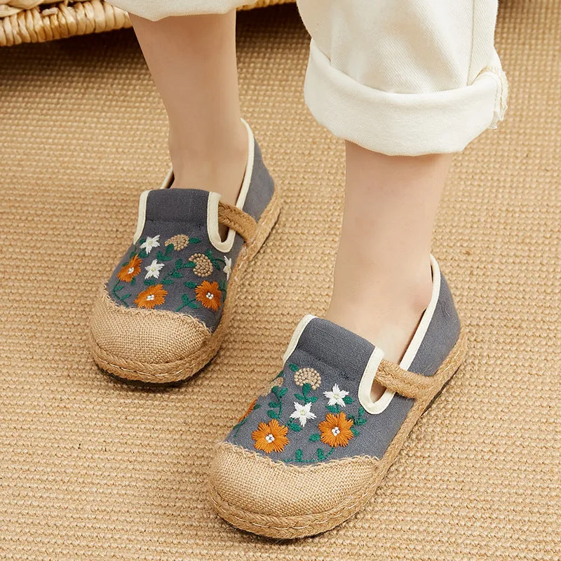 spring embroidered shoes flat-heeled, low-cut embroidered shallow shoes, literary and ethnic style women's shoes linen casual shoes