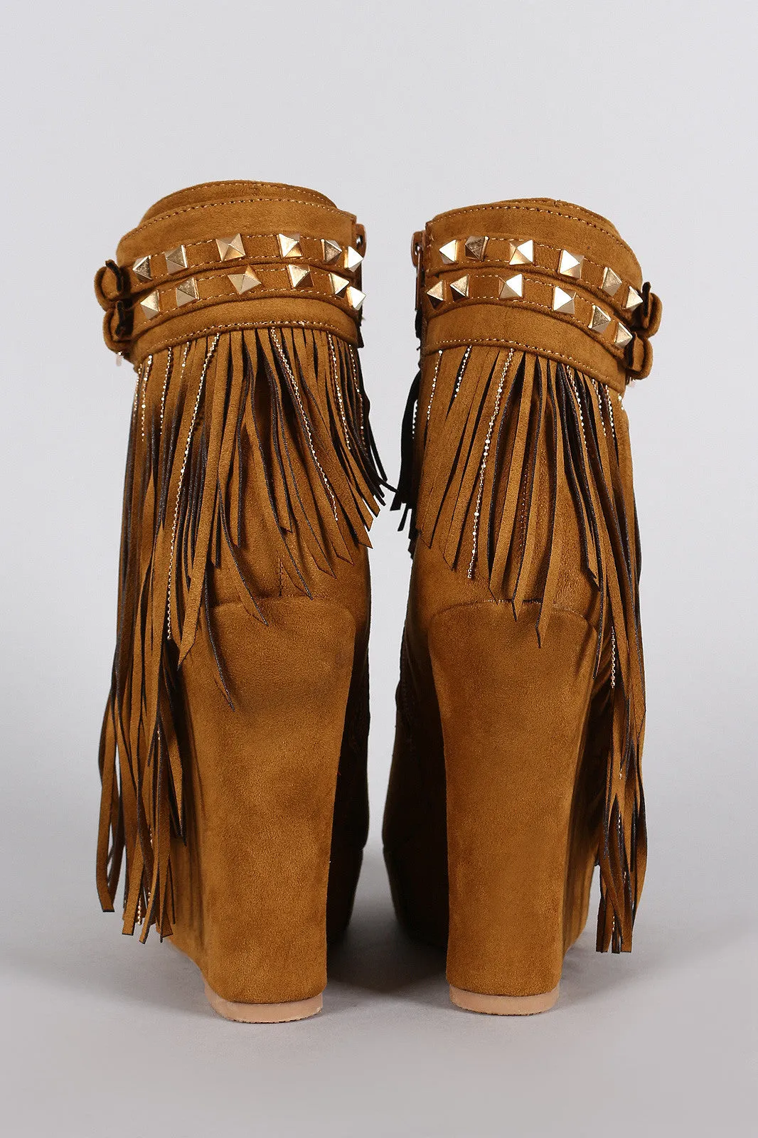 Studded Suede Chain Fringe Platform Wedge Bootie