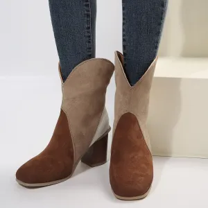 Suede Square Toe Block Heel Boots