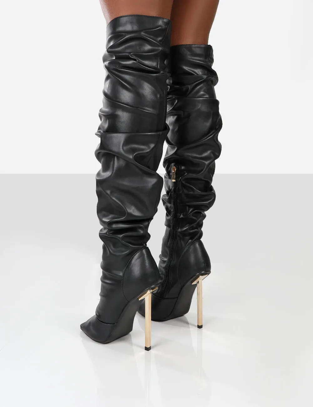 Surrender Black Ruched Knee High Stilleto Open Toe Boots