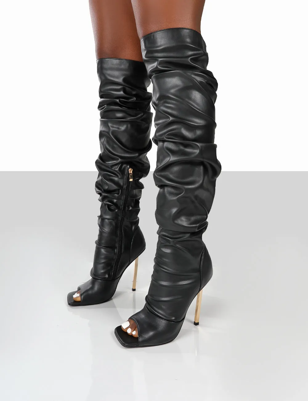 Surrender Black Ruched Knee High Stilleto Open Toe Boots