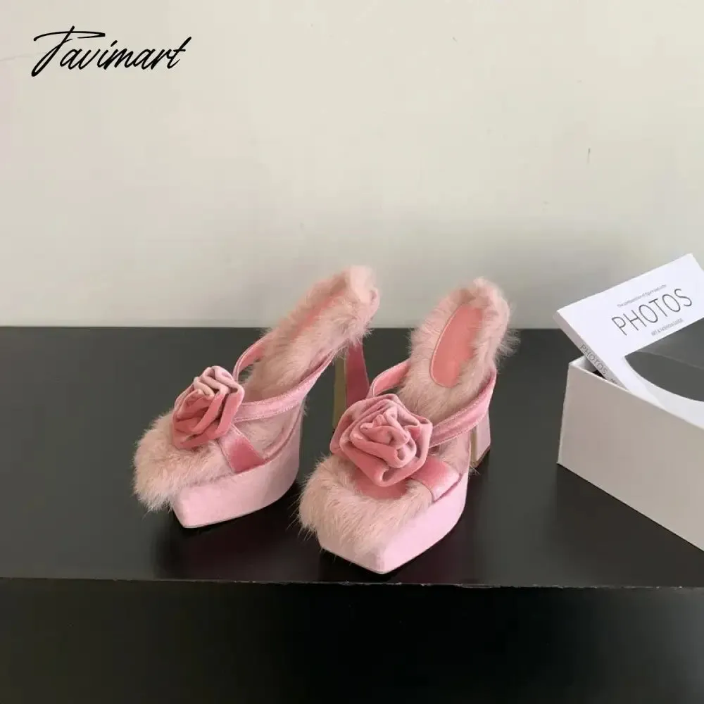 Tavimart Autumn and Winter Pink Rose Blossom Walk Show Model Banquet Super Heels Women's Shoes Plush Celebrity Sexy Slippers