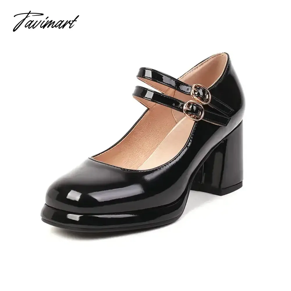 Tavimart PU Patent Leather Navy Blue Red Color Mature Ladies Pumps Double Buckle Strap Designer Women Heeled Platform Mary Janes Heels