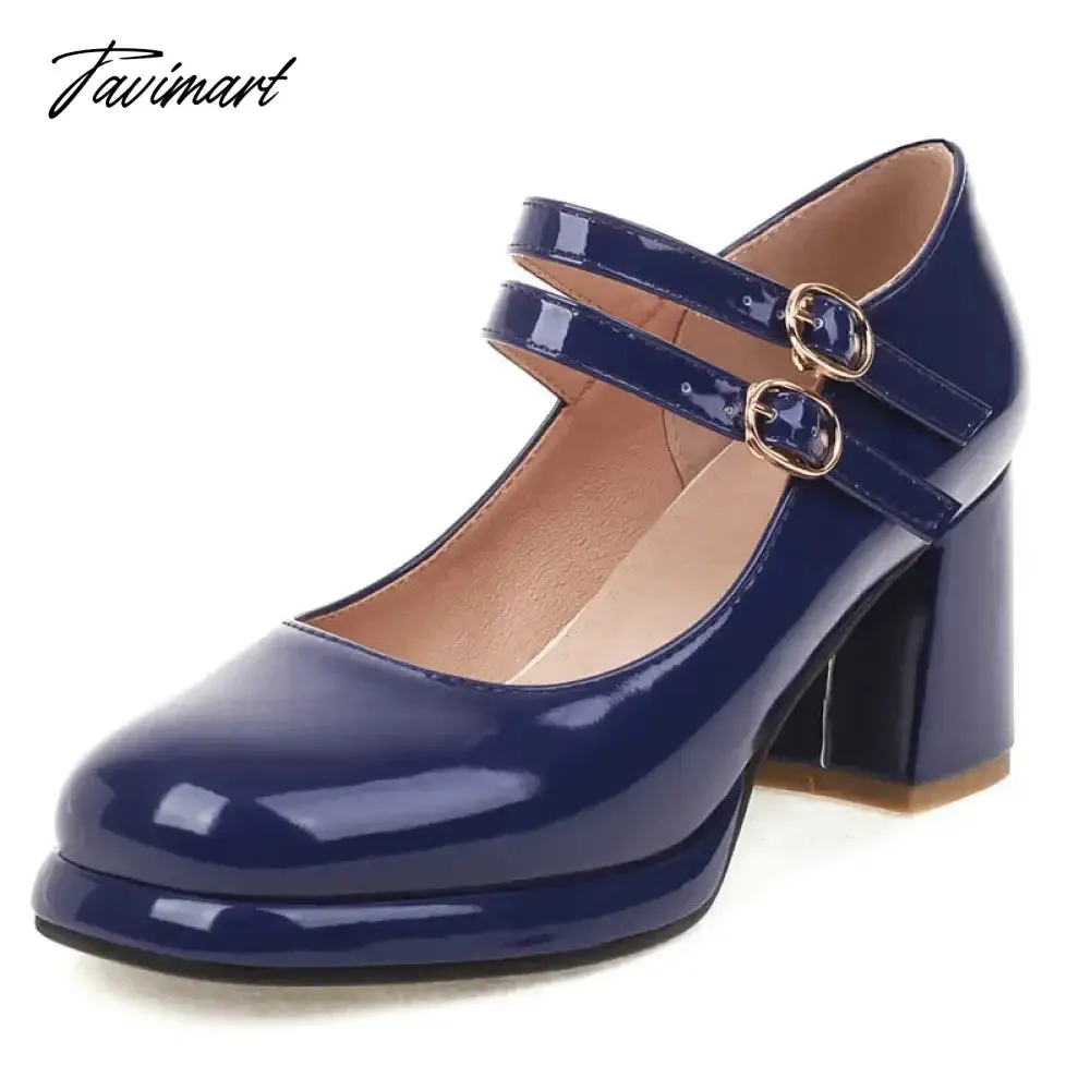 Tavimart PU Patent Leather Navy Blue Red Color Mature Ladies Pumps Double Buckle Strap Designer Women Heeled Platform Mary Janes Heels