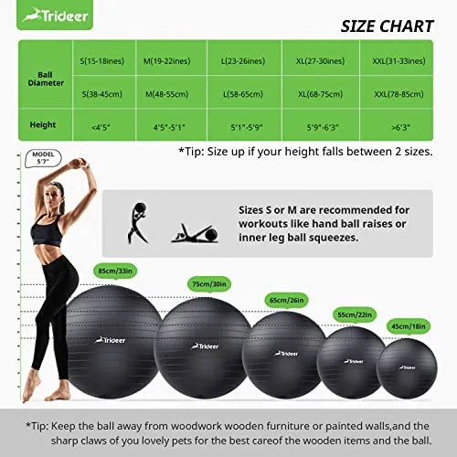 Trideer Extra Thick Yoga Ball Exercise Ball, 5 Sizes Ball Chair, Heavy Duty Swiss Ball for Balance, Stability, Pregnancy, Physical Therapy, Quick Pump Included (Black, S (38-45cm))