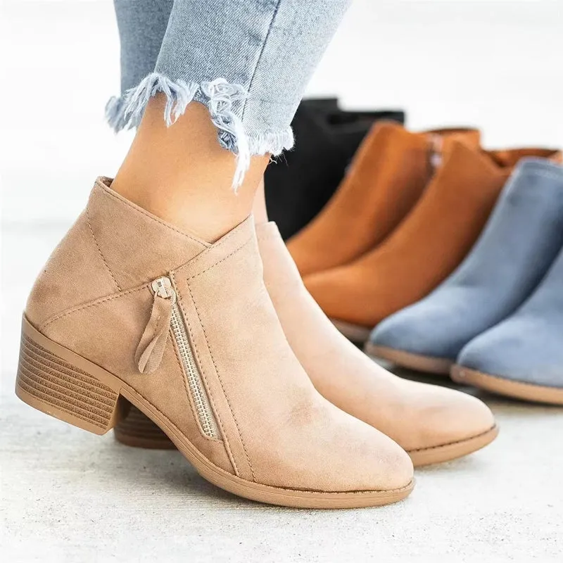 Women's Chunky Heel Side Zip Ankle Boots