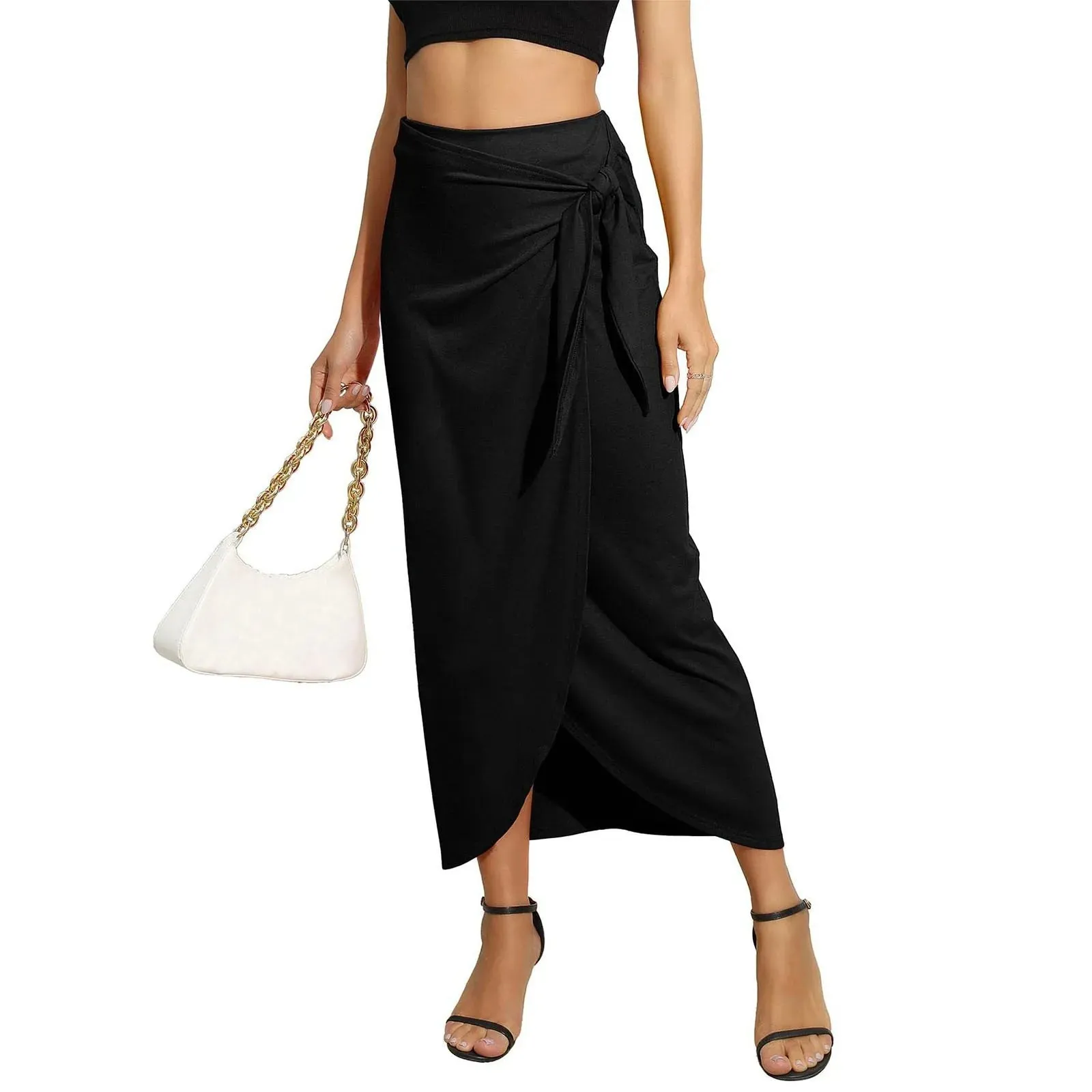 Women’s Maxi Skirt High Waist Wrap Pencil Long Skirts for Women Slim Boho Draped Front Bodycon with Zip Back