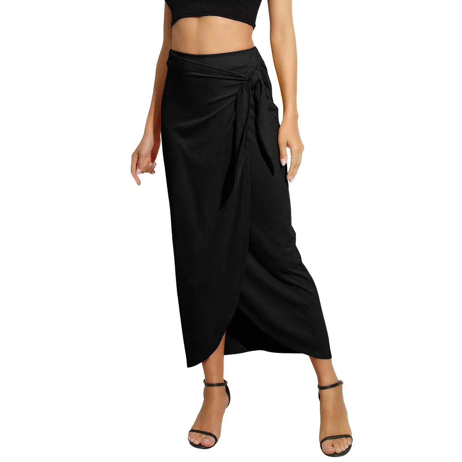 Women’s Maxi Skirt High Waist Wrap Pencil Long Skirts for Women Slim Boho Draped Front Bodycon with Zip Back