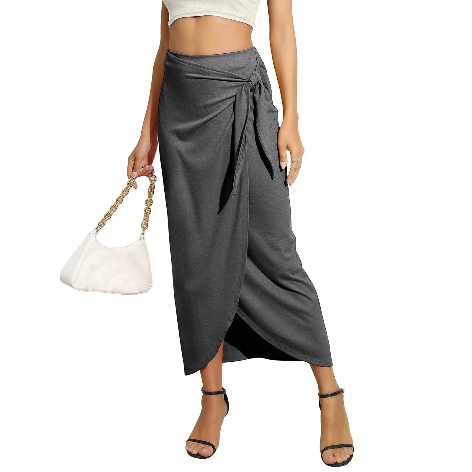 Women’s Maxi Skirt High Waist Wrap Pencil Long Skirts for Women Slim Boho Draped Front Bodycon with Zip Back