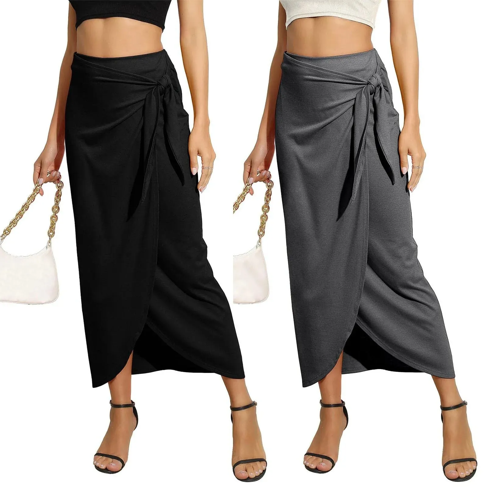 Women’s Maxi Skirt High Waist Wrap Pencil Long Skirts for Women Slim Boho Draped Front Bodycon with Zip Back