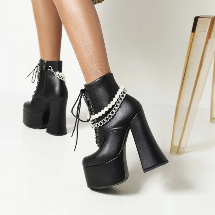 Women's Pu Leather Round Toe Pearls Metal Chains Lace Up Block Chunky Heel Platform Ankle Boots