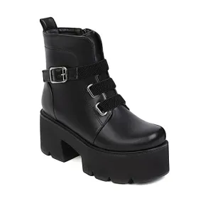 Women's Round Toe Buckle Straps Chunky Heel Platform Short Boots