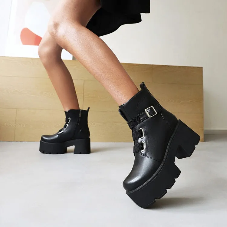 Women's Round Toe Buckle Straps Chunky Heel Platform Short Boots