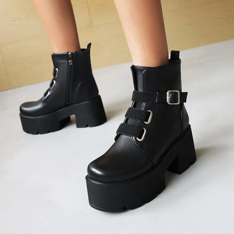 Women's Round Toe Buckle Straps Chunky Heel Platform Short Boots