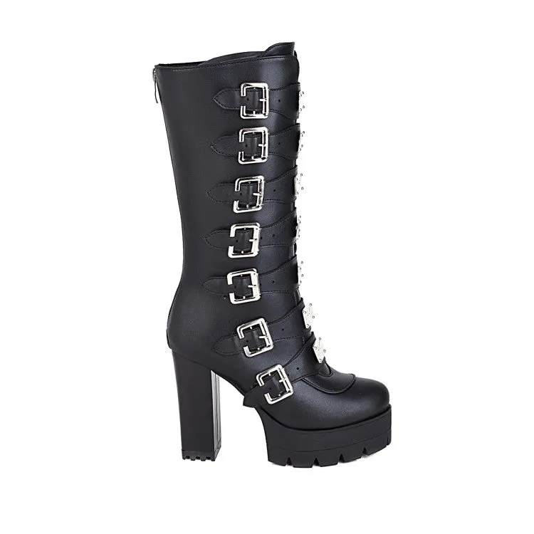 Women's Round Toe Sequins Metal Buckle Straps Block Chunky Heel Platform Mid-Calf Boots