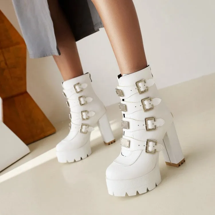 Women's Round Toe Sequins Metal Buckle Straps Block Chunky Heel Platform Mid-Calf Boots