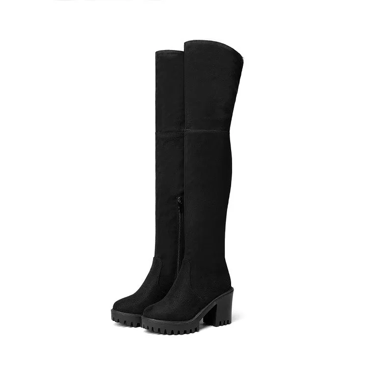 Women's Round Toe Side Zippers Block Chunky Heel Platform Over the Knee Boots