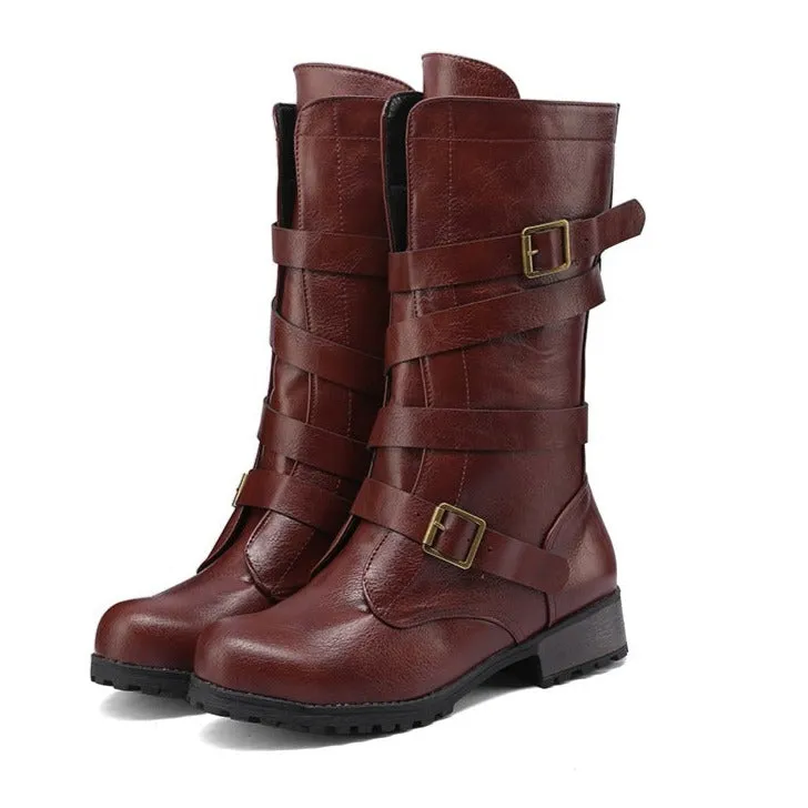 Womne's motorcycle boots retro mid calf boots for women