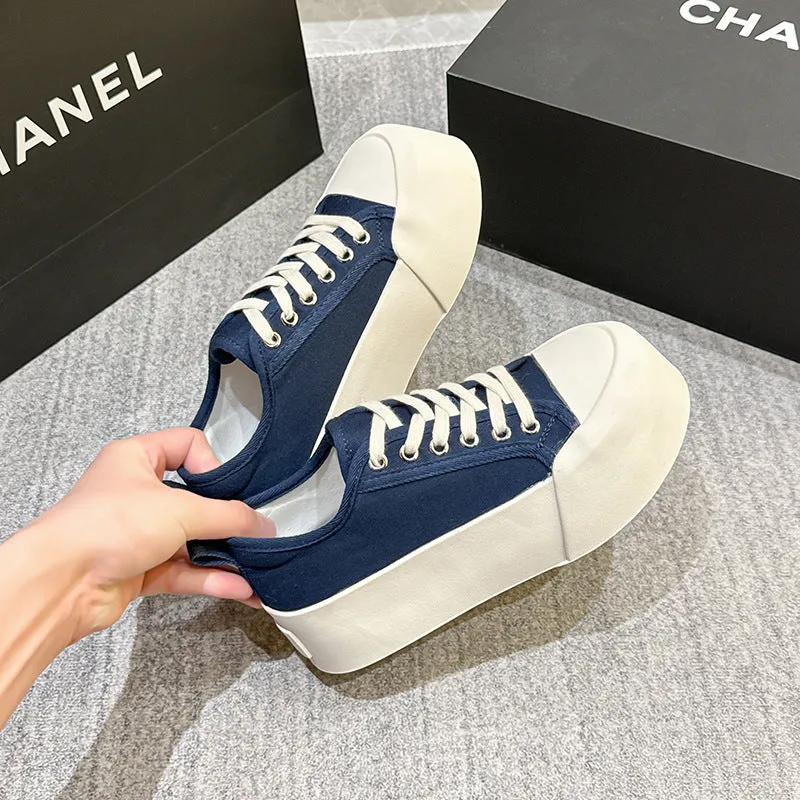 xakxx Canvas Shoes Women's Casual  New Lace-up Sneakers Sports College Style Thick Sole Increased Solid Color Low Top Fashion Shoes